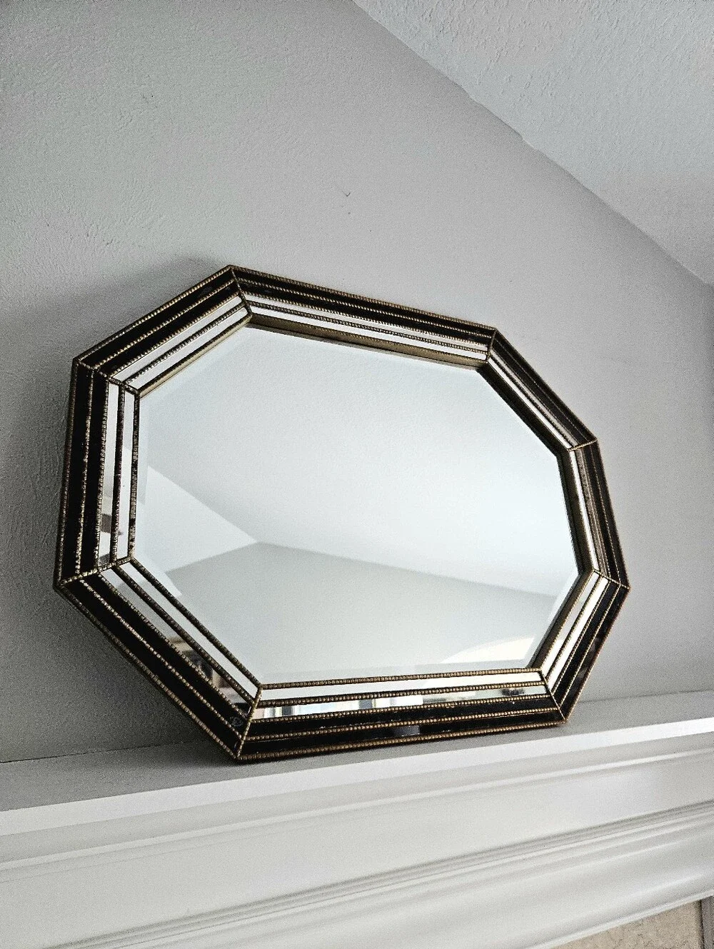 Vintage LaBarge Large Octagonal Gilt Brass Layered Mirror With Black Panels